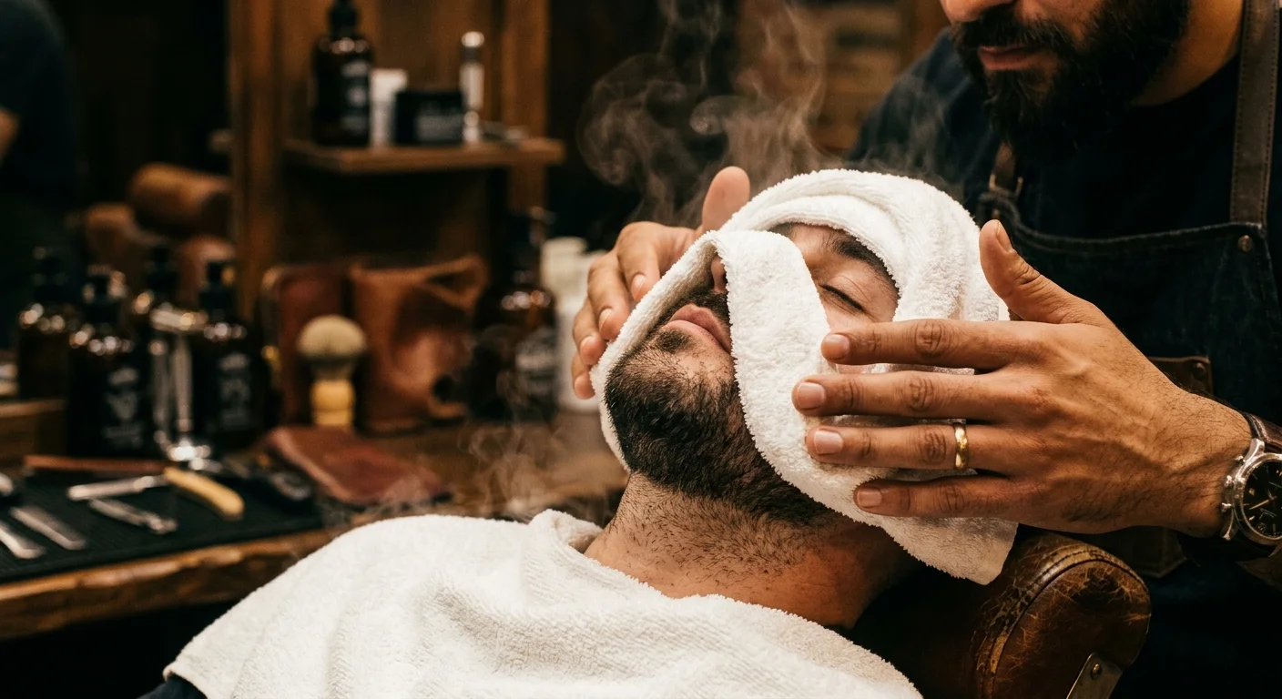 Steaming hot towel applied during traditional shave service — close detail under amber light