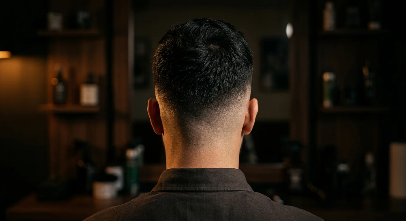 Barber giving a precision skin fade in a vintage chair under warm tungsten light