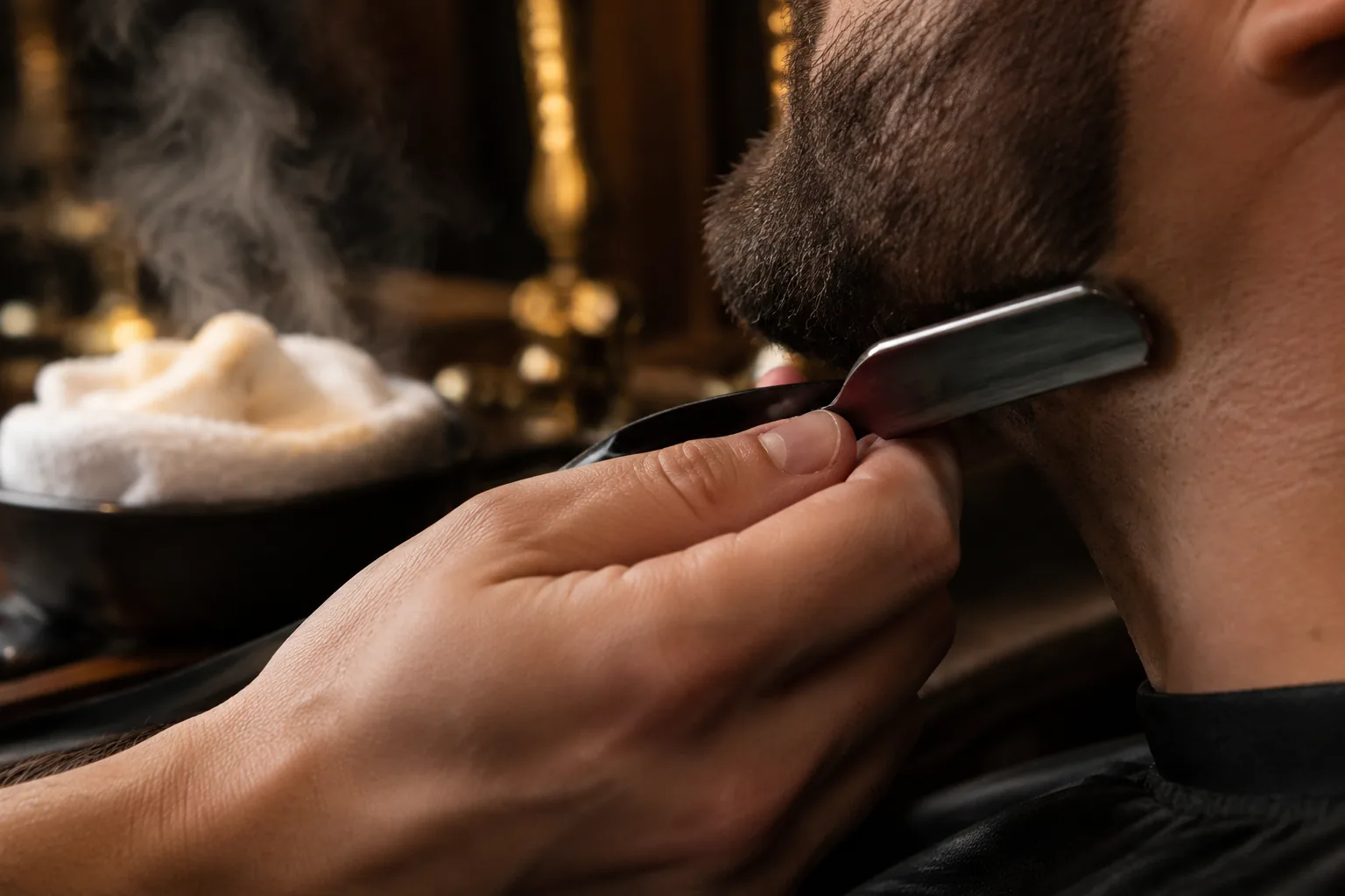 Barber defining a beard line along the jaw with a straight razor, hot towel steaming in the background