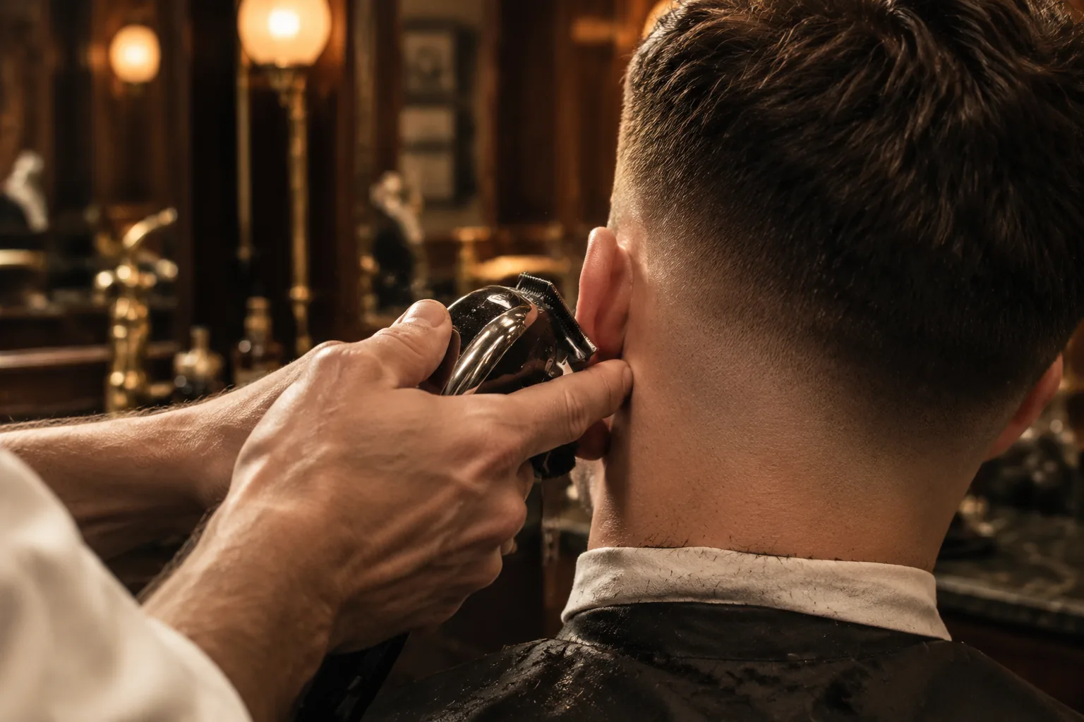 Barber blending the side of a skin fade behind the ear with a clipper under warm amber light