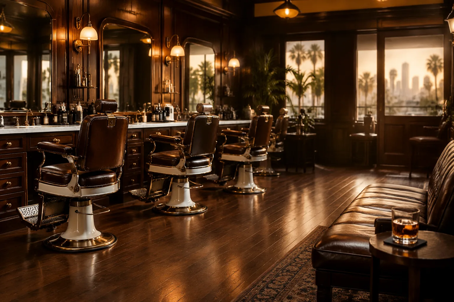 Rows of vintage leather barber chairs in a quiet premium barbershop at golden hour, with a leather bench and a glass of whiskey