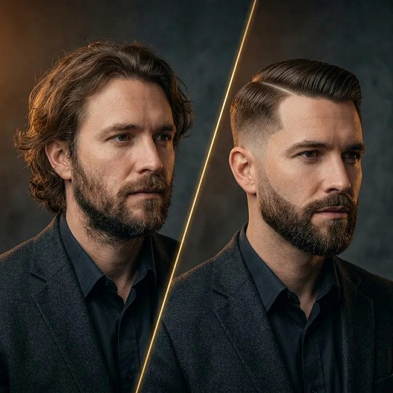 AI Try-On preview: longer hair before, Gatsby cut after
